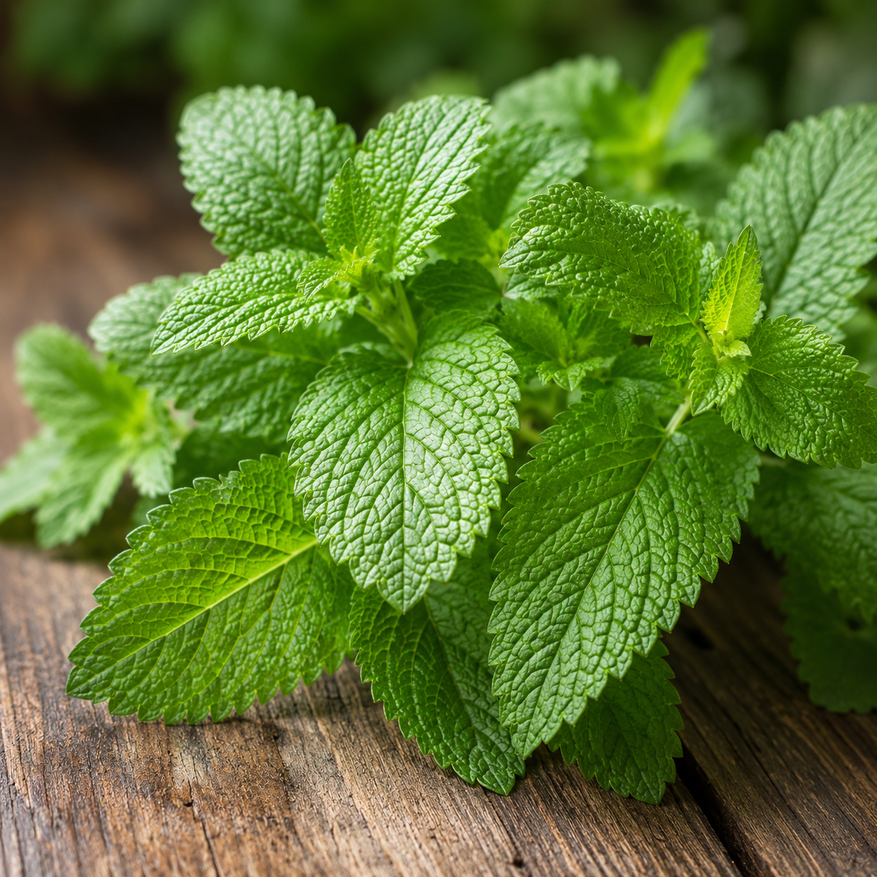 Fresh Lemon Balm leaves, known for anti-stress and relaxation effects
